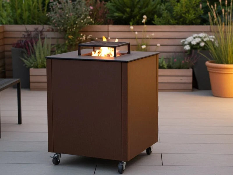 CUBY Feuergrill aus Cortenstahl auf moderner Terrasse mit sichtbaren Flammen