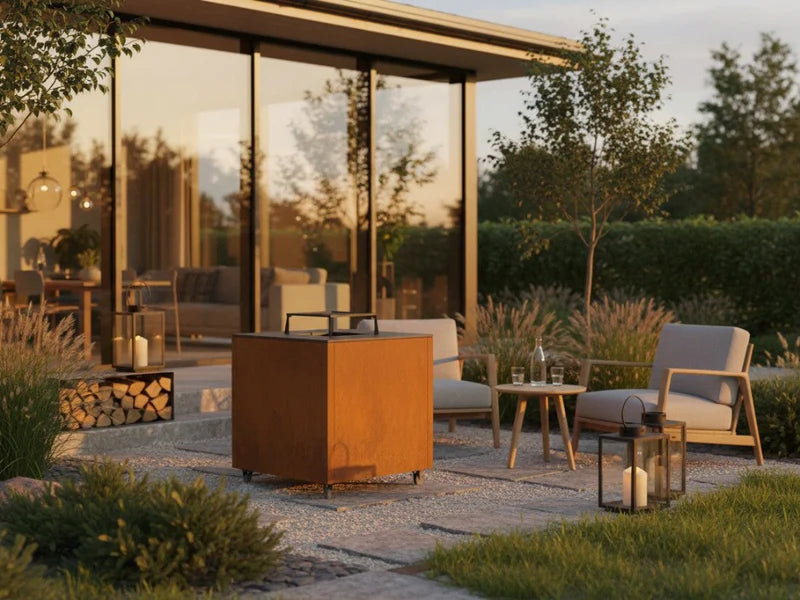 CUBY Feuergrill aus Cortenstahl auf Terrasse mit Lounge und Beleuchtung