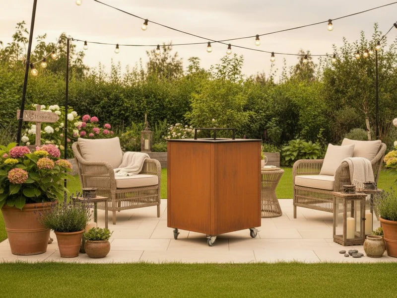 CUBY Feuergrill aus Cortenstahl im symmetrischen Loungebereich im Garten