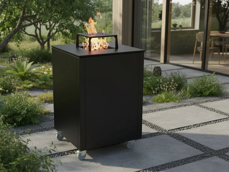 CUBY Feuergrill aus schwarzem Stahl im Garten mit Steinweg und grüner Bepflanzung