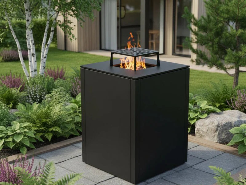 CUBY Feuergrill aus schwarzem Stahl integriert in ein stilvolles Gartendesign