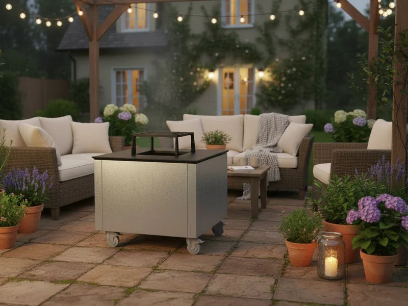 CUBY Feuergrill aus verzinktem Stahl in stimmungsvoller Abendatmosphäre auf der Terrasse