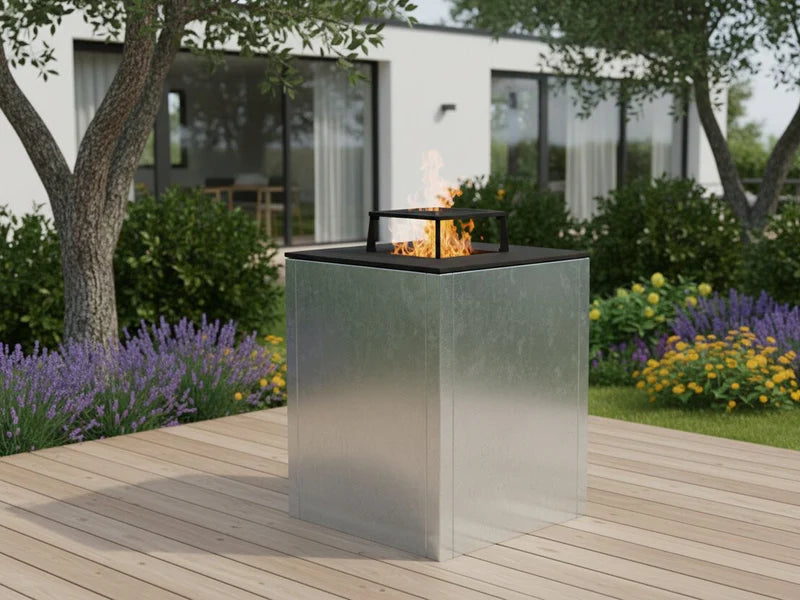 CUBY Feuergrill aus verzinktem Stahl mit Flammen auf Holzterrasse
