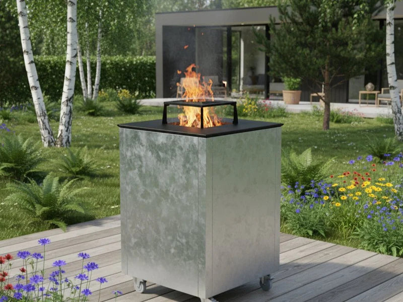 CUBY Feuergrill aus verzinktem Stahl im grünen Naturgarten