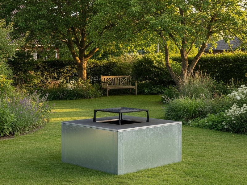 CUBY Feuergrill aus verzinktem Stahl auf Rasen im grünen Garten mit Bäumen und Bank