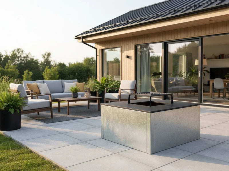 CUBY Feuergrill aus verzinktem Stahl auf moderner Terrasse bei architektonischem Haus