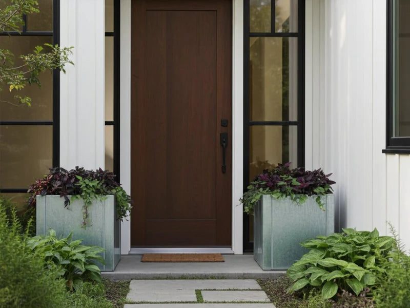 Zwei niedrige quadratische CUBY Pflanzkübel aus verzinktem Stahl symmetrisch am Hauseingang