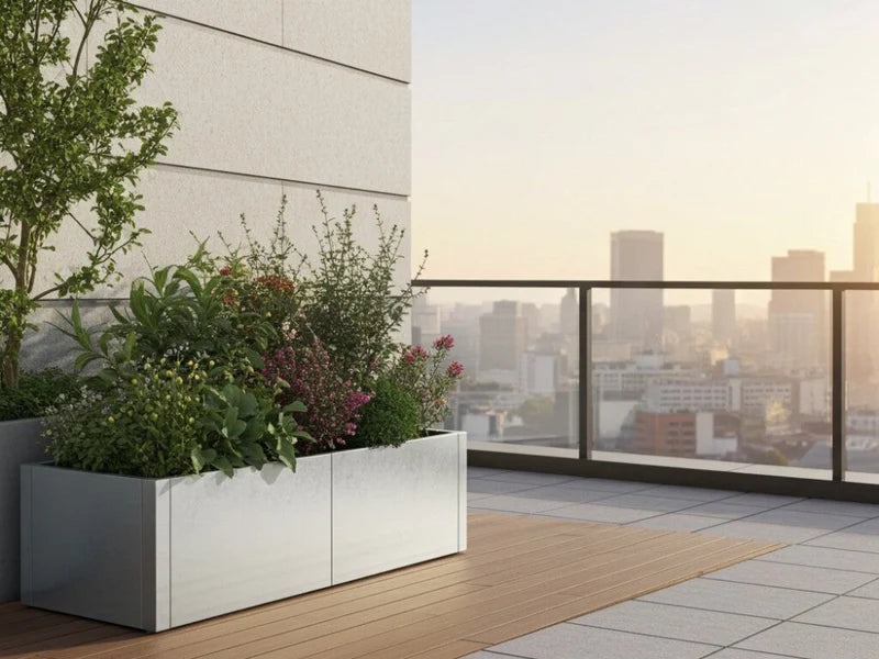 CUBY Pflanzkübel aus verzinktem Stahl mit vielfältiger Bepflanzung auf urbaner Terrasse