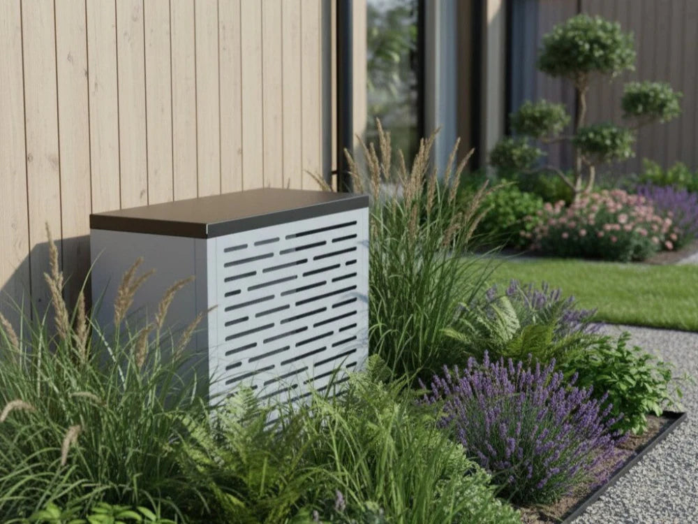 CUBY Wärmepumpenverkleidung aus verzinktem Stahl im modernen Garten