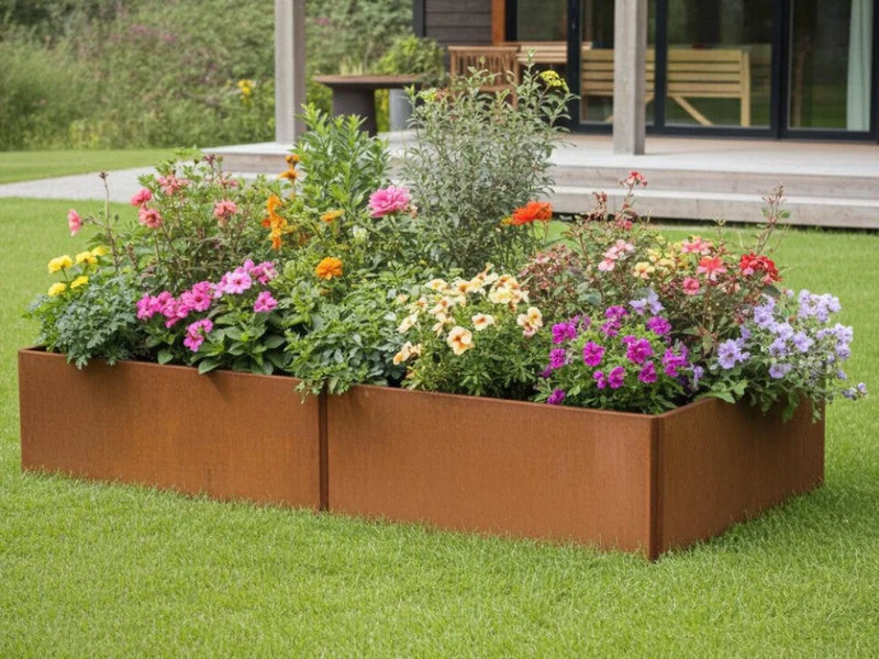 EDGY rechteckiges niedriges Hochbeet aus Cortenstahl mit Sommerblumen auf Rasen