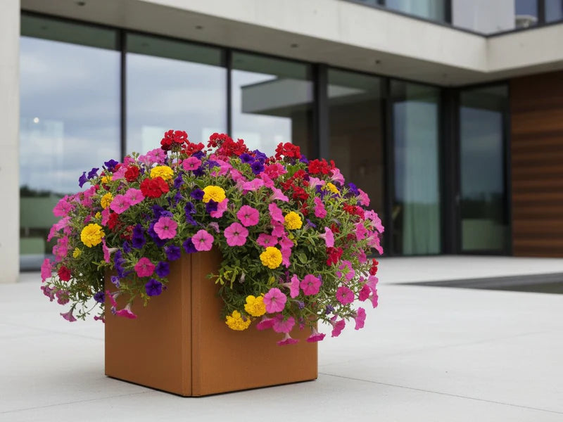 Niedriger Pflanzkasten aus Cortenstahl mit Blumen im modernen Garten