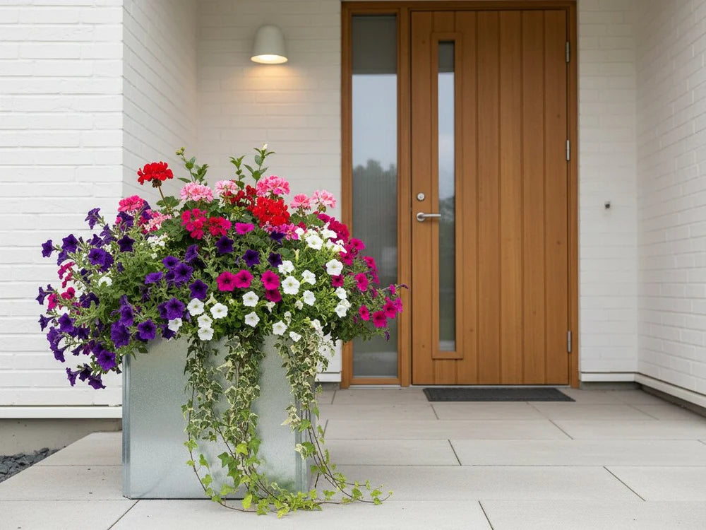 EDGY Pflanzkasten aus verzinktem Stahl am Eingang mit Blumen