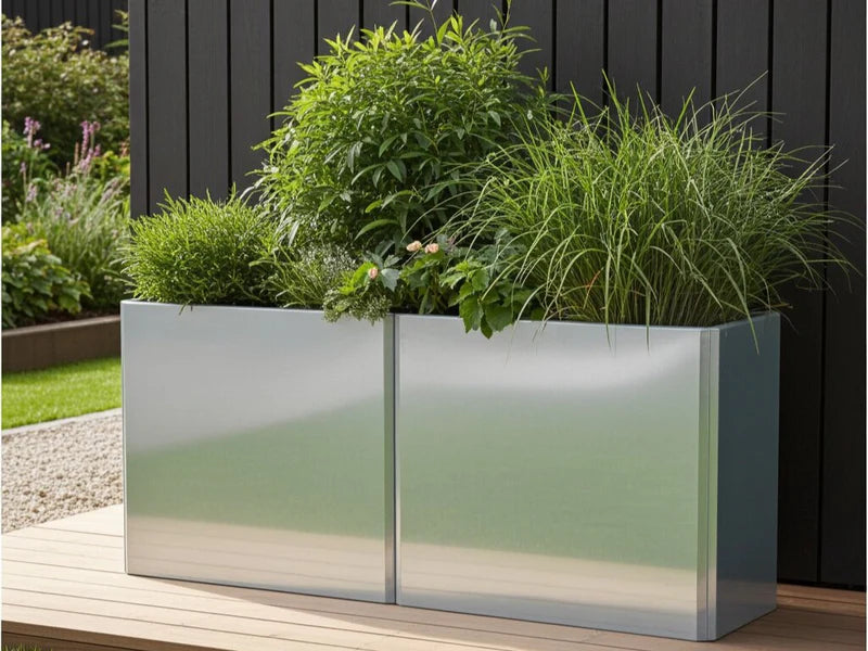 EDGY Pflanzkübel aus verzinktem Stahl mit Sträuchern und Ziergräsern