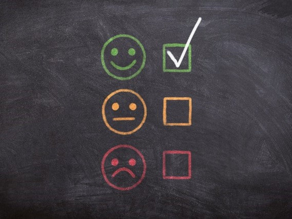 Customer satisfaction rating with happy, neutral, and unhappy smiley icons on a chalkboard background