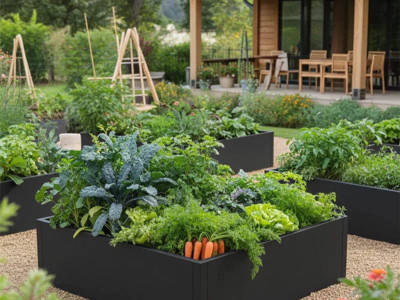Hochbeet aus schwarzem Stahl für Gemüseanbau im Garten