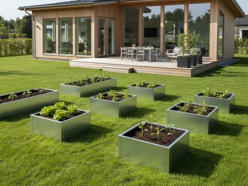Hochbeete aus verzinktem Stahl in moderner Gartenanordnung