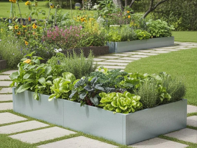 Hochbeet aus verzinktem Stahl mit Gemüse und Kräutern entlang eines Gartenwegs
