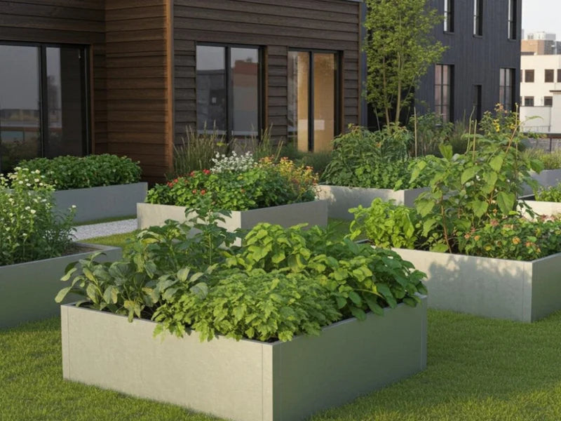 Hochbeet aus verzinktem Stahl mit Gemüse und Blumen im Garten bei modernem Neubau