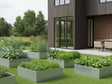 Hochbeet aus verzinktem Stahl mit Pflanzen im modernen Garten am Haus