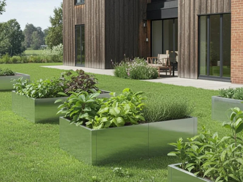 Hochbeet aus verzinktem Stahl mit Pflanzen im Garten bei moderner Terrasse