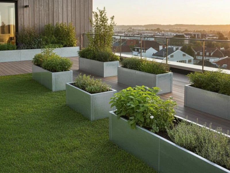 Hochbeete aus verzinktem Stahl mit Pflanzen auf moderner Dachterrasse