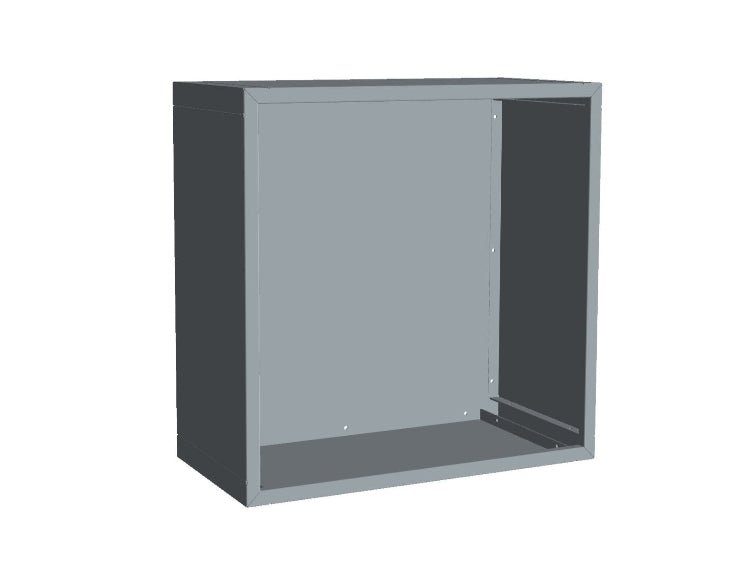 3D-Ansicht einer Holzaufbewahrung aus grau lackiertem Stahl mit offener Front