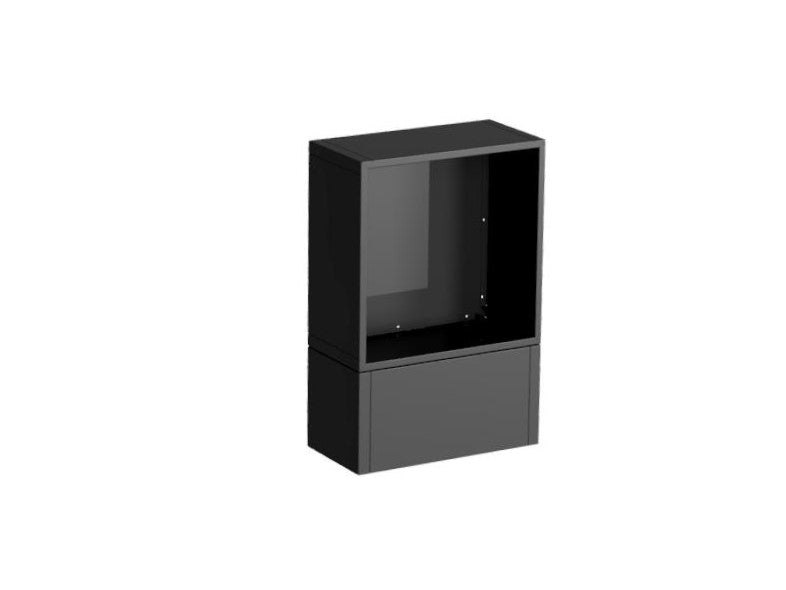 Perspektivische 3D-Darstellung eines Holzlagers aus schwarz pulverbeschichtetem Stahl