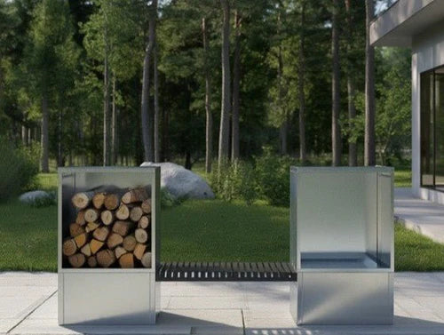 Holzlager aus verzinktem Stahl mit integrierter Sitzbank im modernen Garten