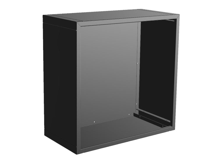 3D-Darstellung eines Holzmoduls aus schwarz lackiertem Stahl mit offener Front