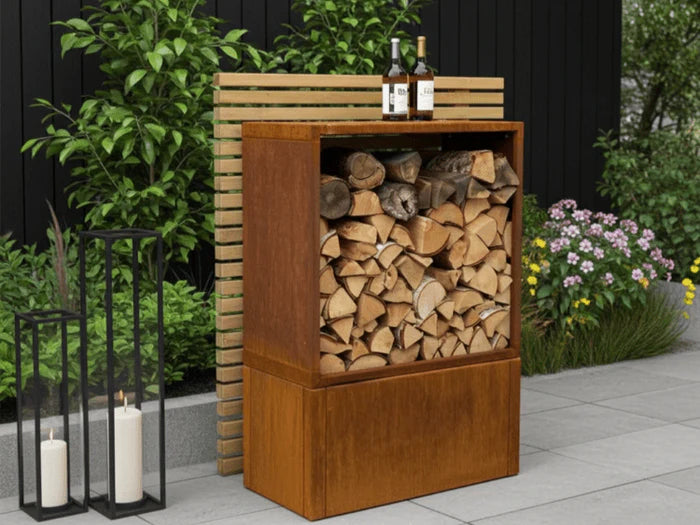 Stilvolles Kaminholzregal aus Cortenstahl für den Außenbereich