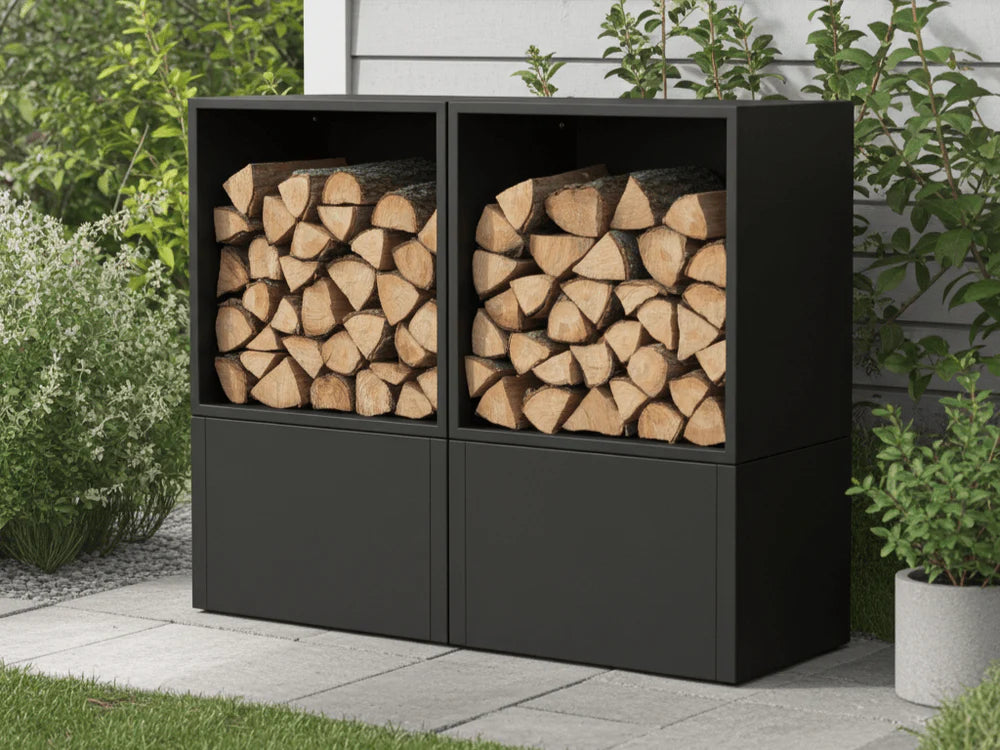 Doppeltes Kaminholzregal aus schwarz pulverbeschichtetem Stahl mit zwei Modulen