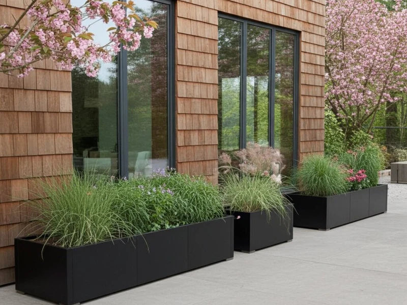 Lange Pflanzkästen aus schwarzem Stahl mit Gräsern entlang Hausfassade