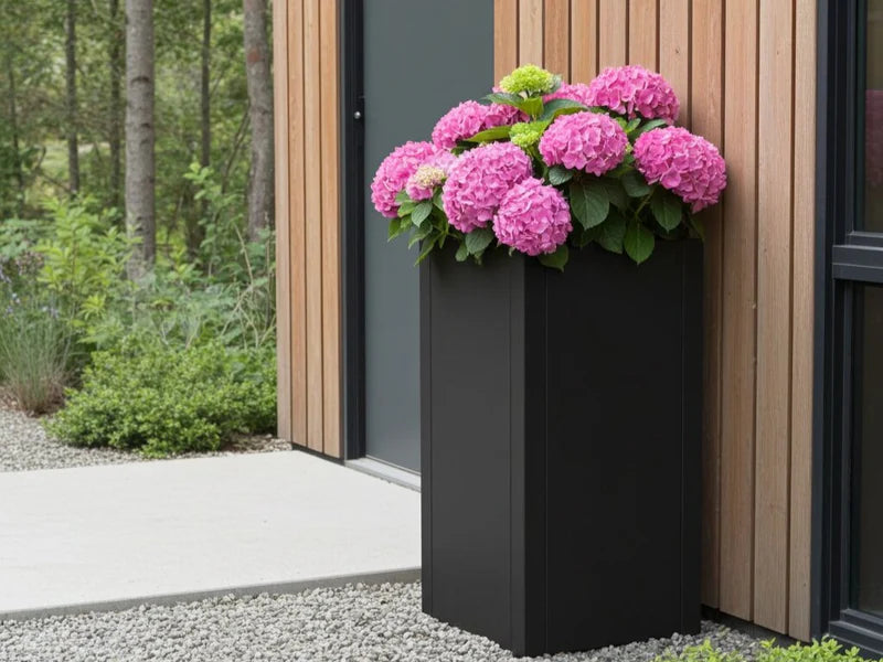 Hoher Pflanzkübel aus schwarzem Stahl mit Hortensie