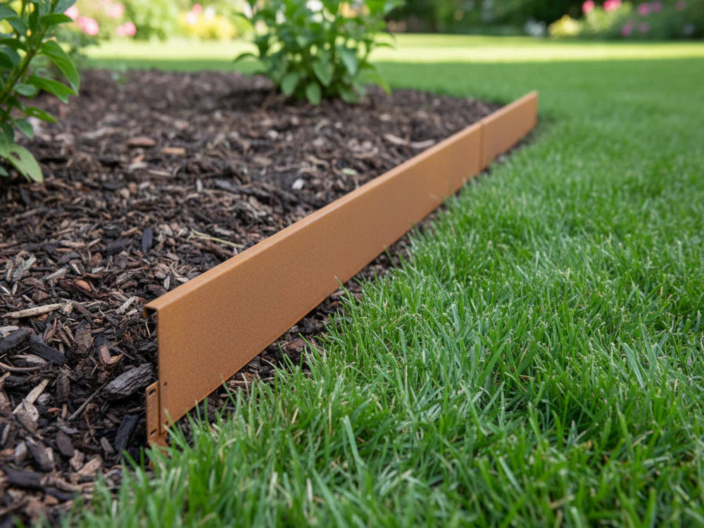 Rasenkante aus Cortenstahl mit doppelter Umbiegung zwischen Rasen und Beet