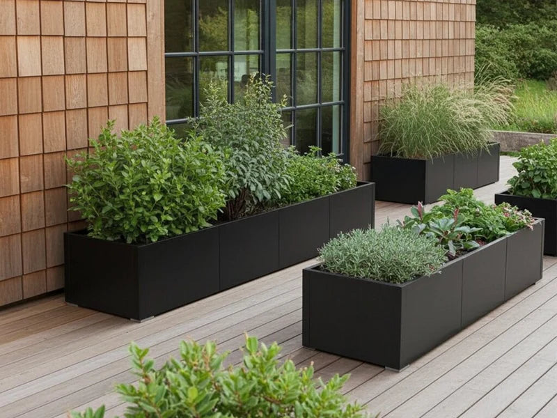 Schwarze Pflanzkästen aus Stahl mit Kräutern und Ziergräsern auf Terrasse