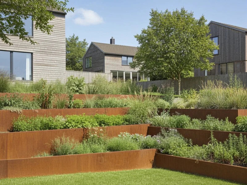 Terrassierte Stützmauern aus Cortenstahl im modernen Villagarten