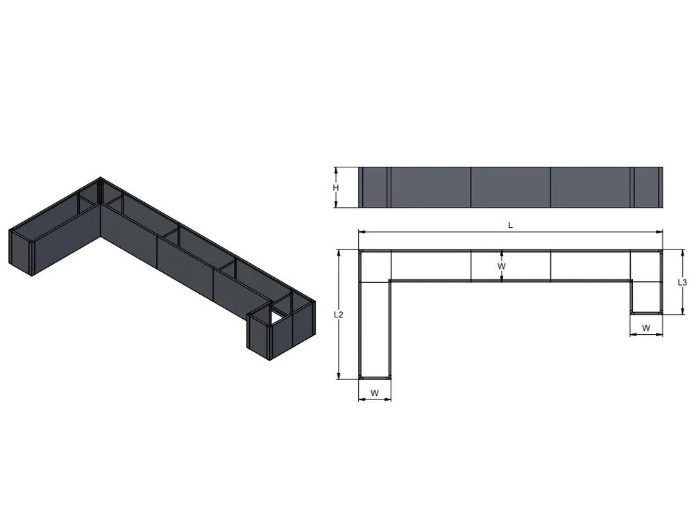 U-förmiger Pflanzkübel aus verzinktem Stahl auf Sondermaß mit modularen Elementen